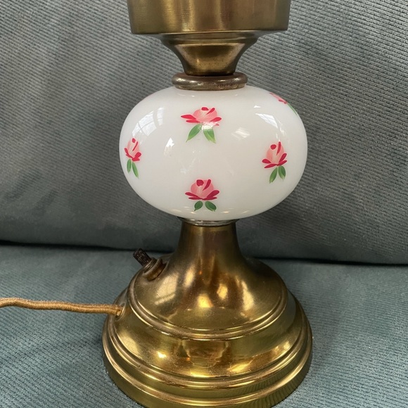 Rose Milk Glass Hand painted Lamp 8” Brass - Picture 3 of 8
